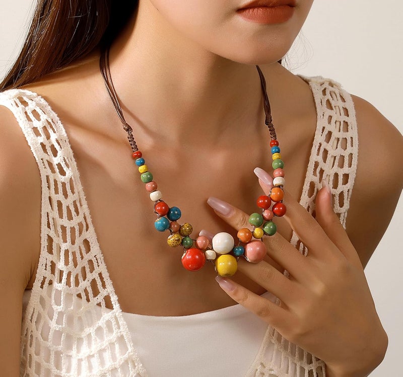 DS Boho Beaded Necklace for Women–Colorful Ceramic & African Tribal Beads, Adjustable Long Chunky Bohemian Jewelry with Gift Box Packaging,Hippie Witchy Vintage Handmade Fashion Statement Necklace - Image 4